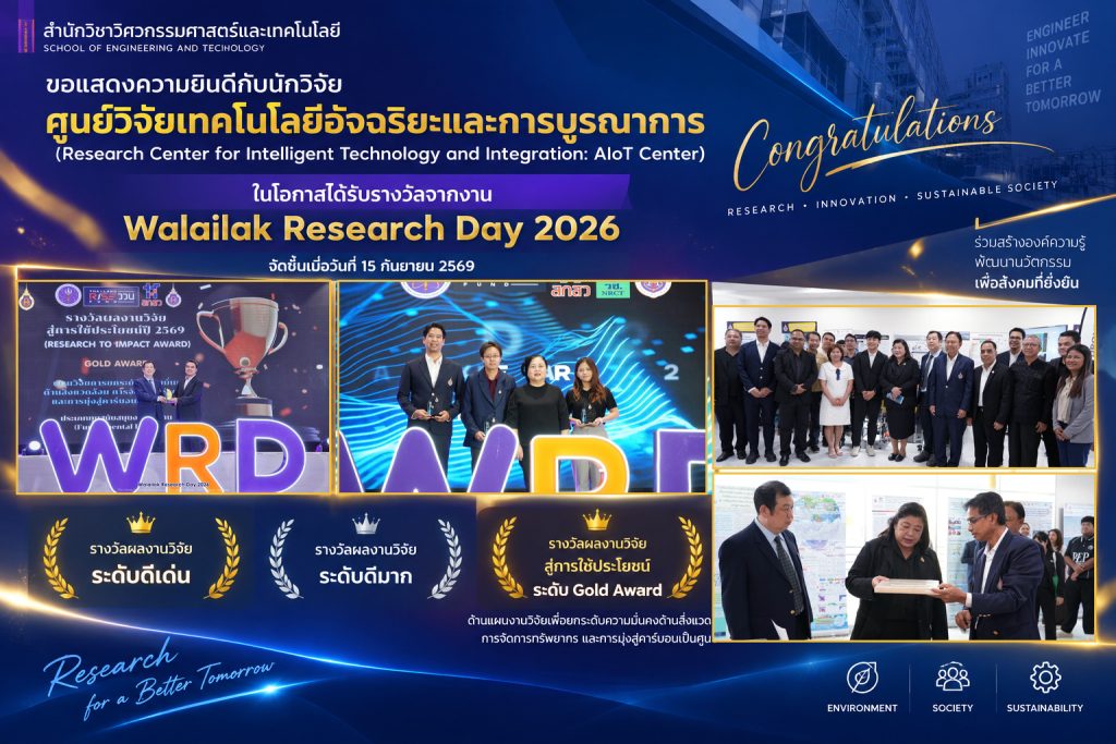 สำนักวิชาวิศวกรรมศาสตร์และเทคโนโลยี มวล. ร่วมแสดงความยินดี นักวิจัย AIoT Center คว้ารางวัลจากงาน Walailak Research Day 2026
